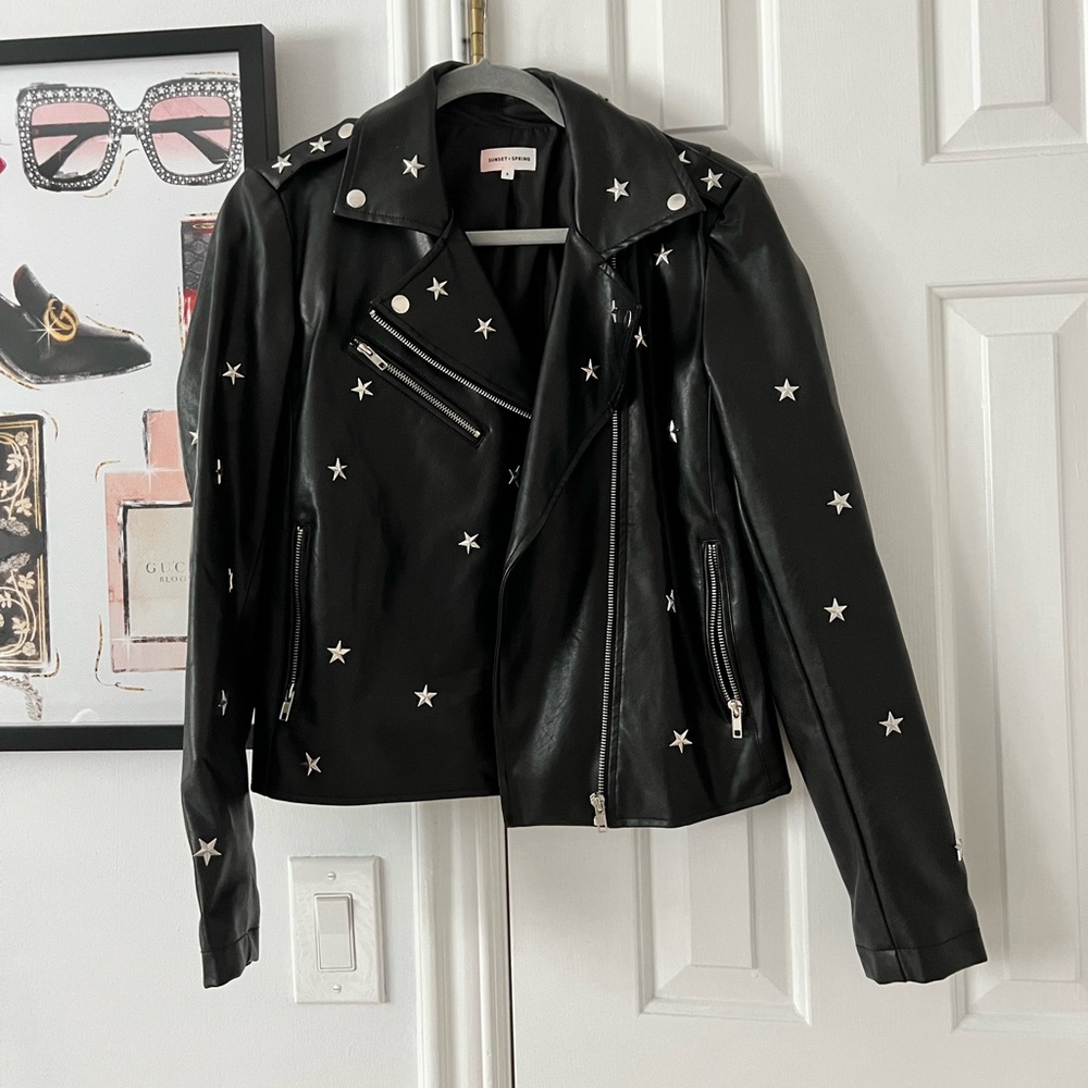 silver star leather jacket nordstrom sz small s black vegan leather